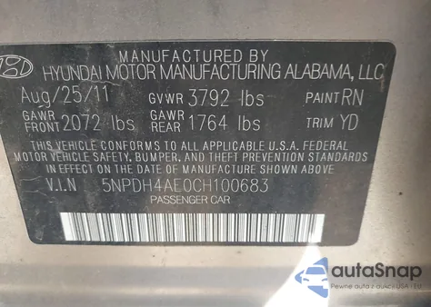 2012 Hyundai Elantra Gls z USA, uszkodzony, nr VIN 5NPDH4AE0CH100683